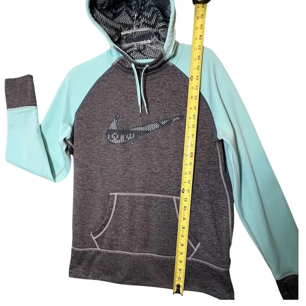Nike Therma-Fit Hoodie Womens L Gray Mint Fleece Pullover Thumbholes Sweatshirt
